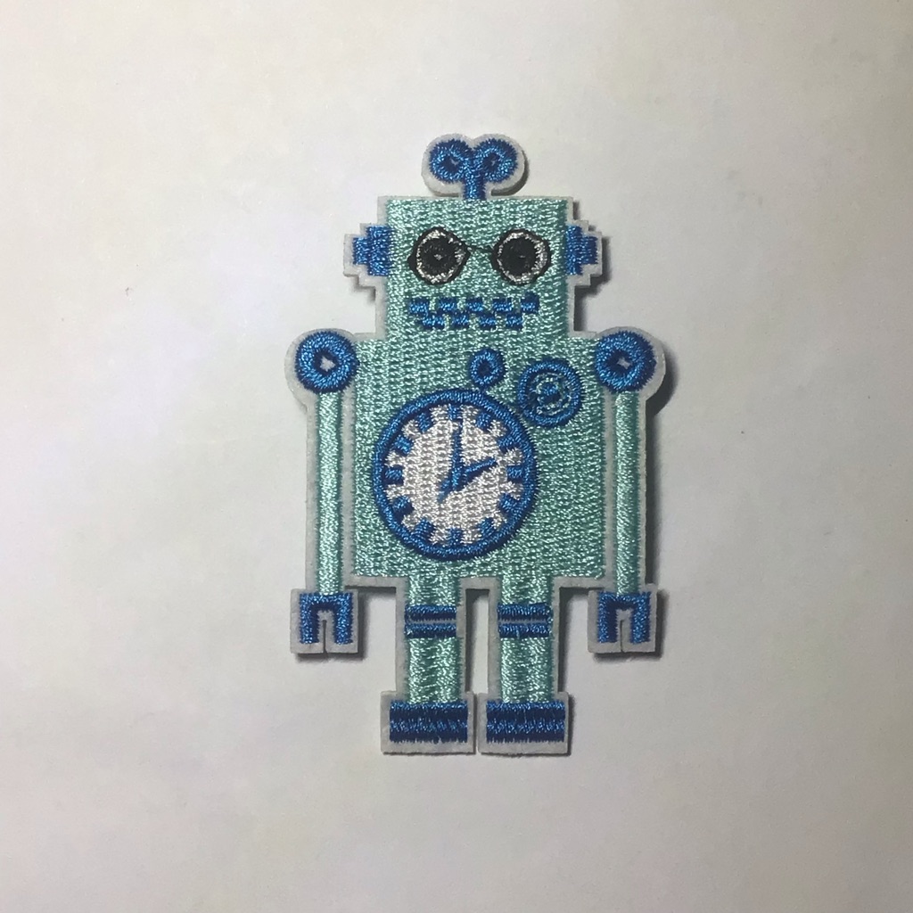 Blue Robot With Clock Iron On Patch